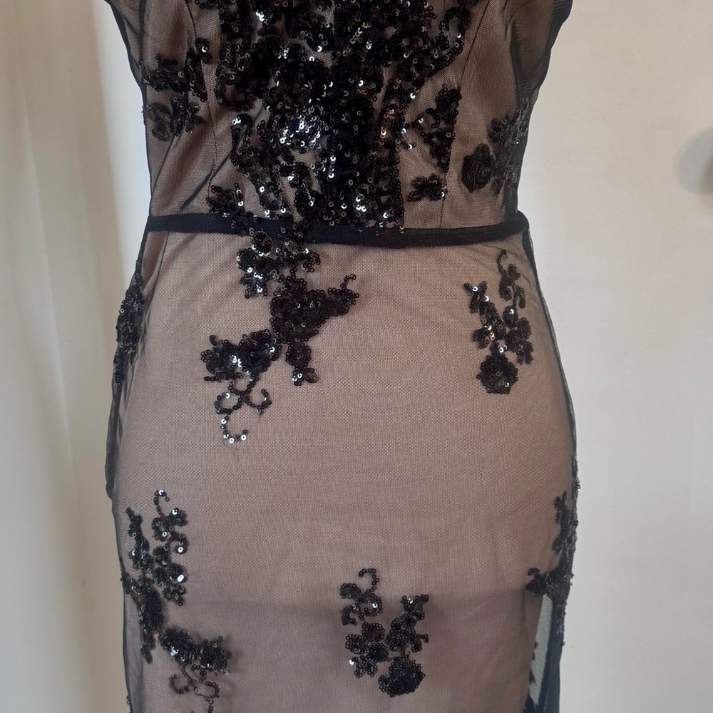 Elegant Black Sequined Lace Overlay Evening Dress